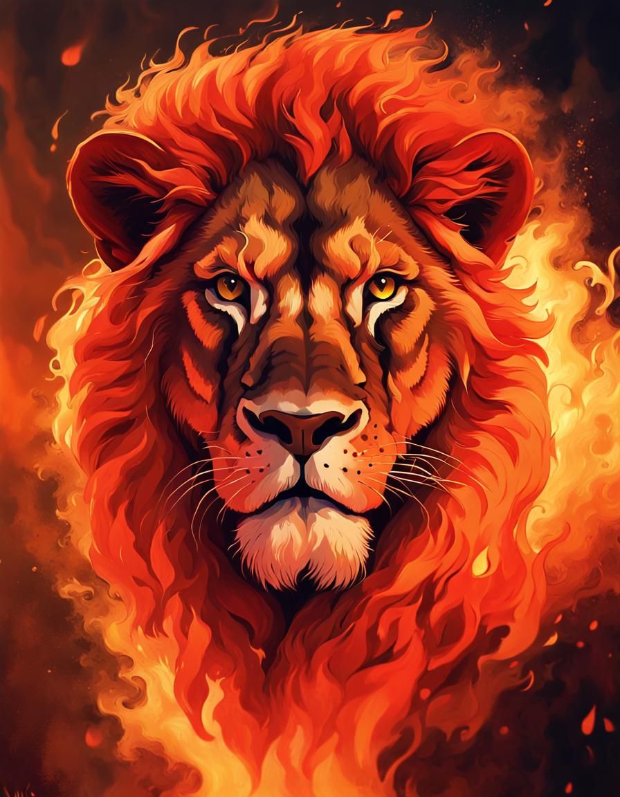 Fiery Lion Portrait in Airbrush Style