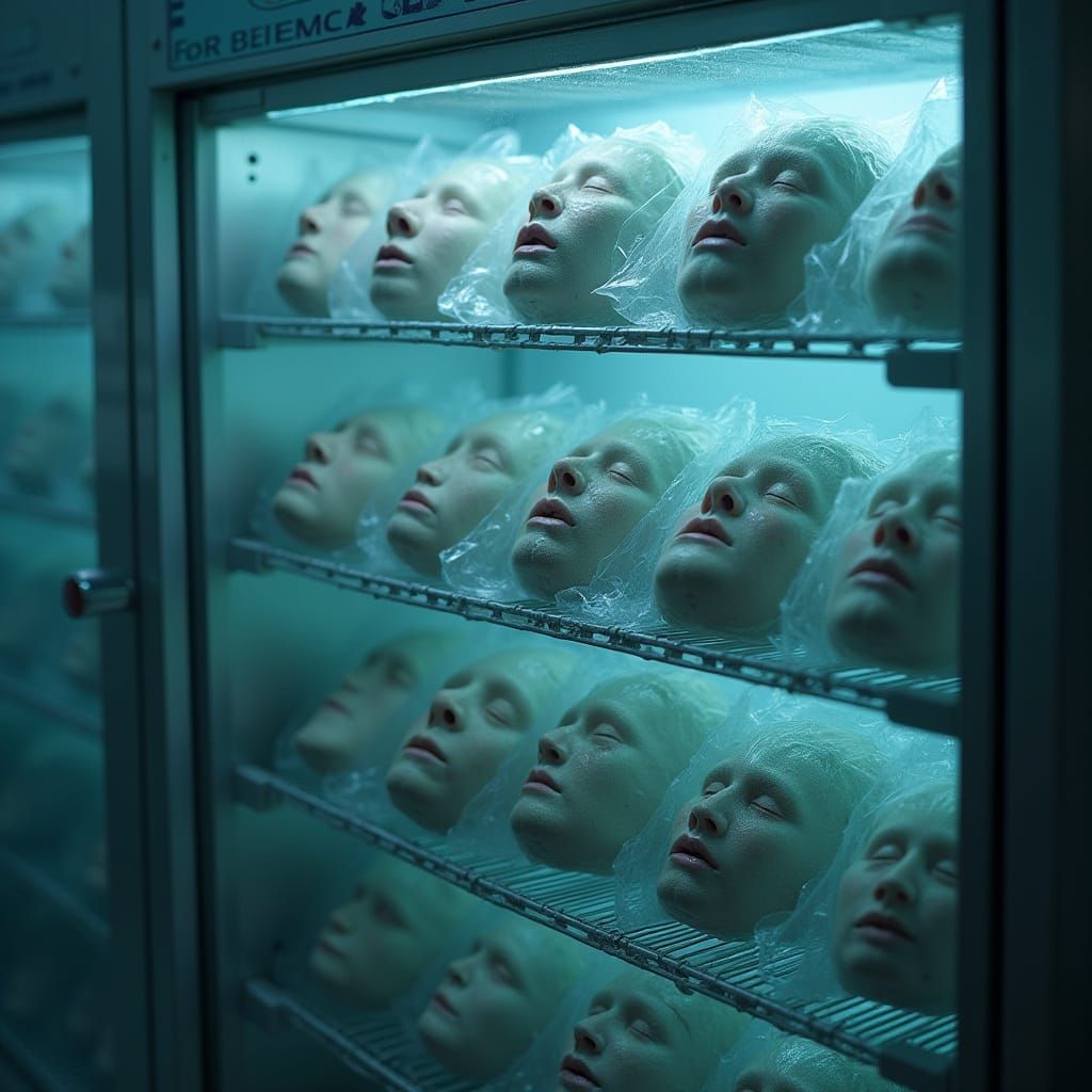 Eerie Freezer Storage of Cellophane-Wrapped Faces