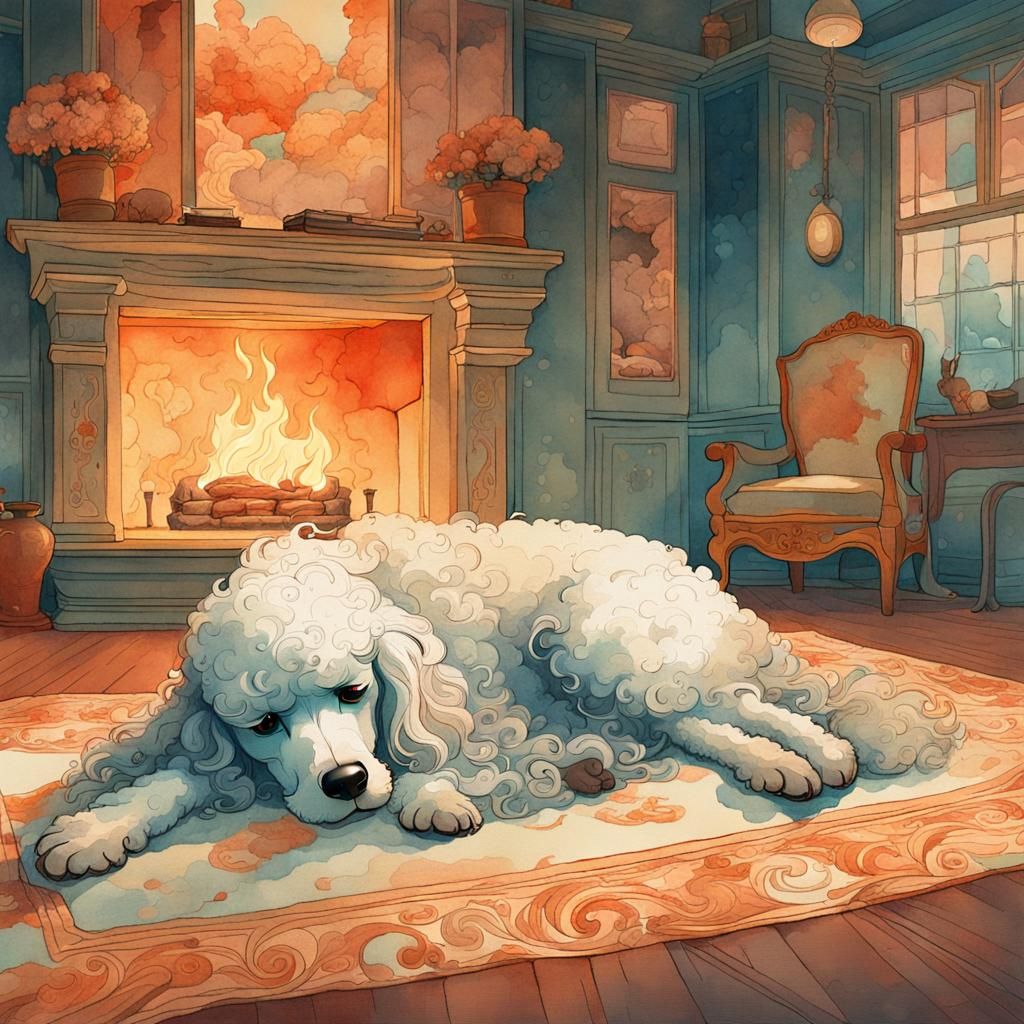 Poodle Sleeping Before Fireplace in Watercolor Style