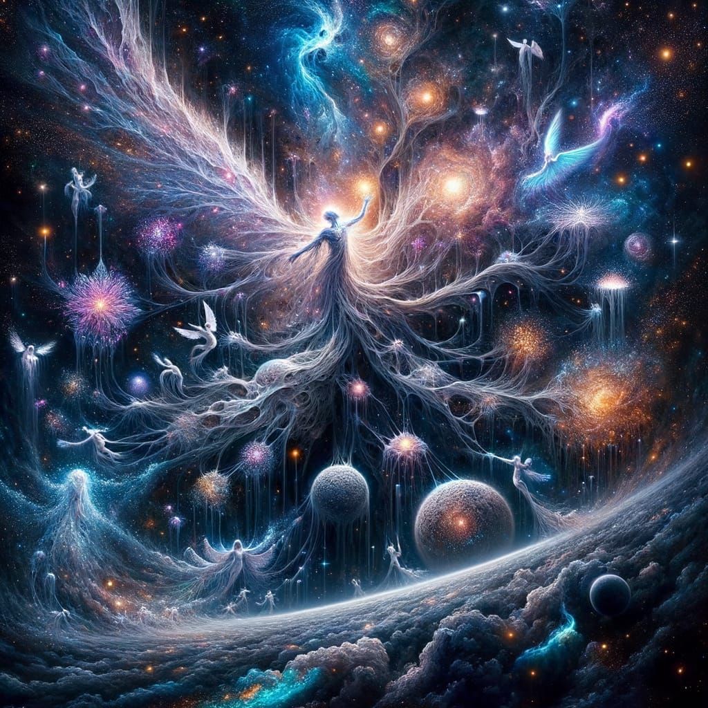 Expansive Cosmos with Willow Tree and Blue Wings