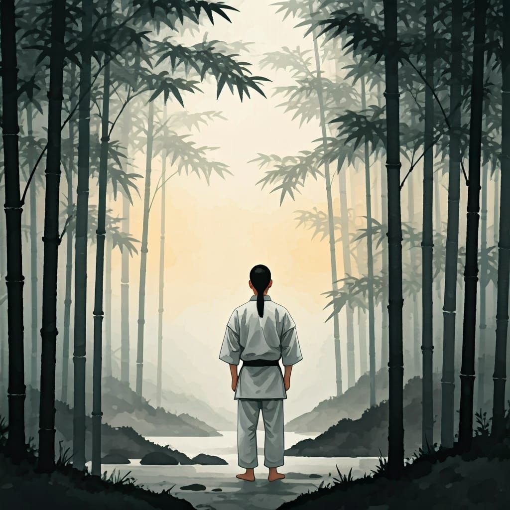 Zen Warrior: Chinese Brush Painting in Bamboo Grove