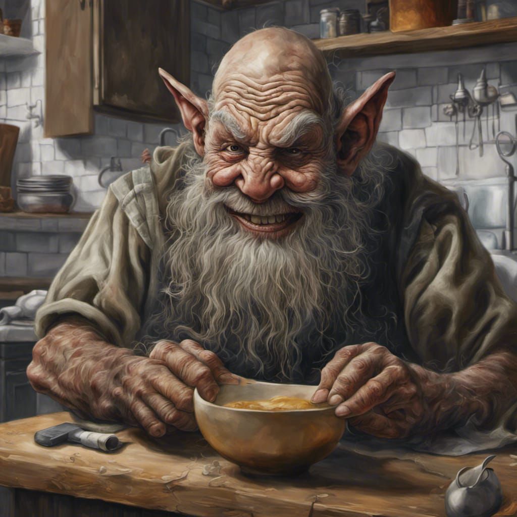 Creepy Dwarf with Black Teeth in Kitchen