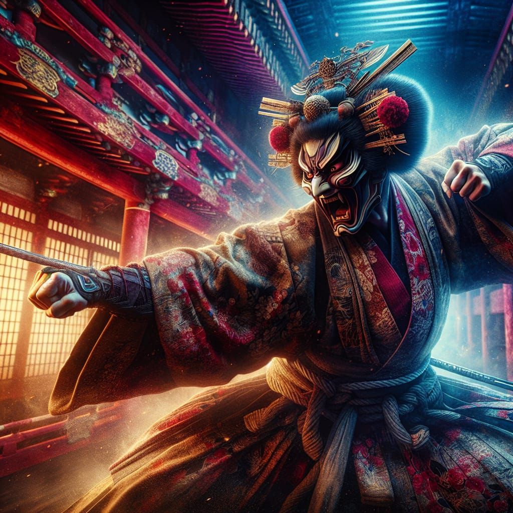 Fierce Kabuki Fight Scene in Japanese Theatre