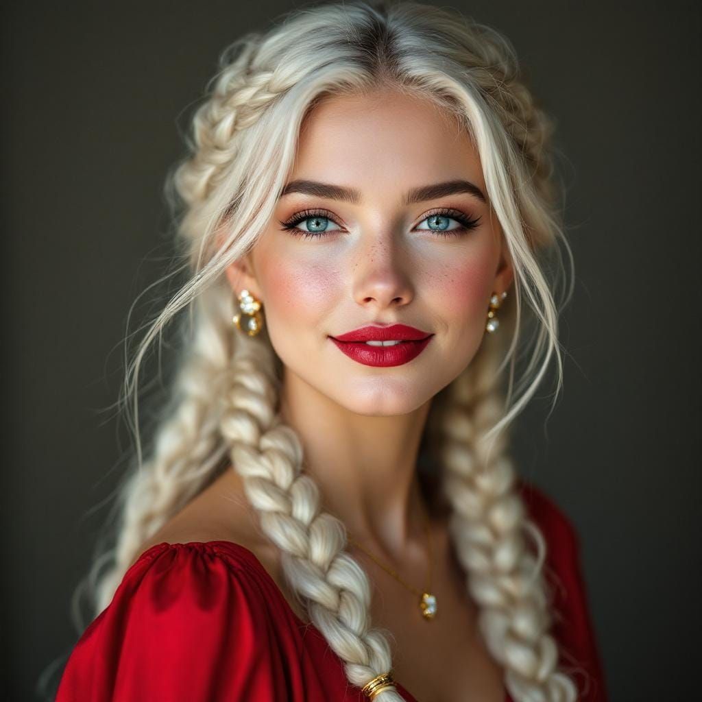 Elegant Woman with Braids and Crimson Dress