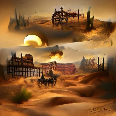 Steampunk Wild West Desert Landscape with Volumetric Lightin...