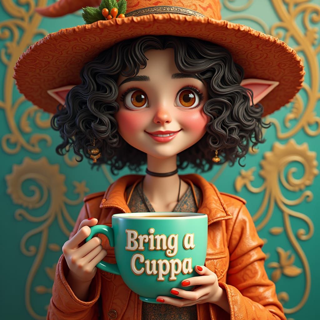 Smiling Witch with Mug in Art Nouveau Style