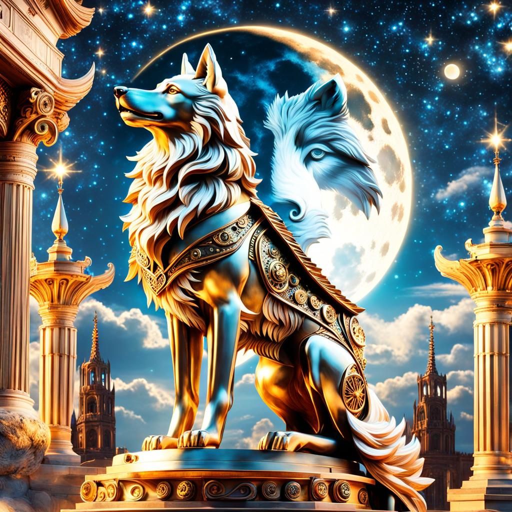 Steampunk Wolf Under Starry Sky and Roman Moon