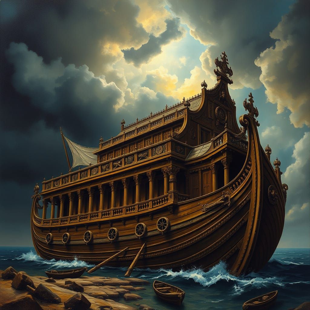 Ancient Wooden Ark in Dramatic Stormy Skies