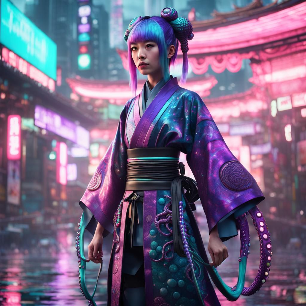 Cyberpunk Samurai Girl with Octopus Tentacles