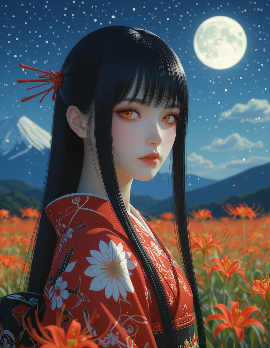 Japanese Woman in Kimono Under Full Moon