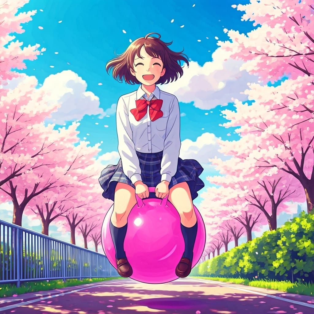 School Girl on Space Hopper in Ghibli Style