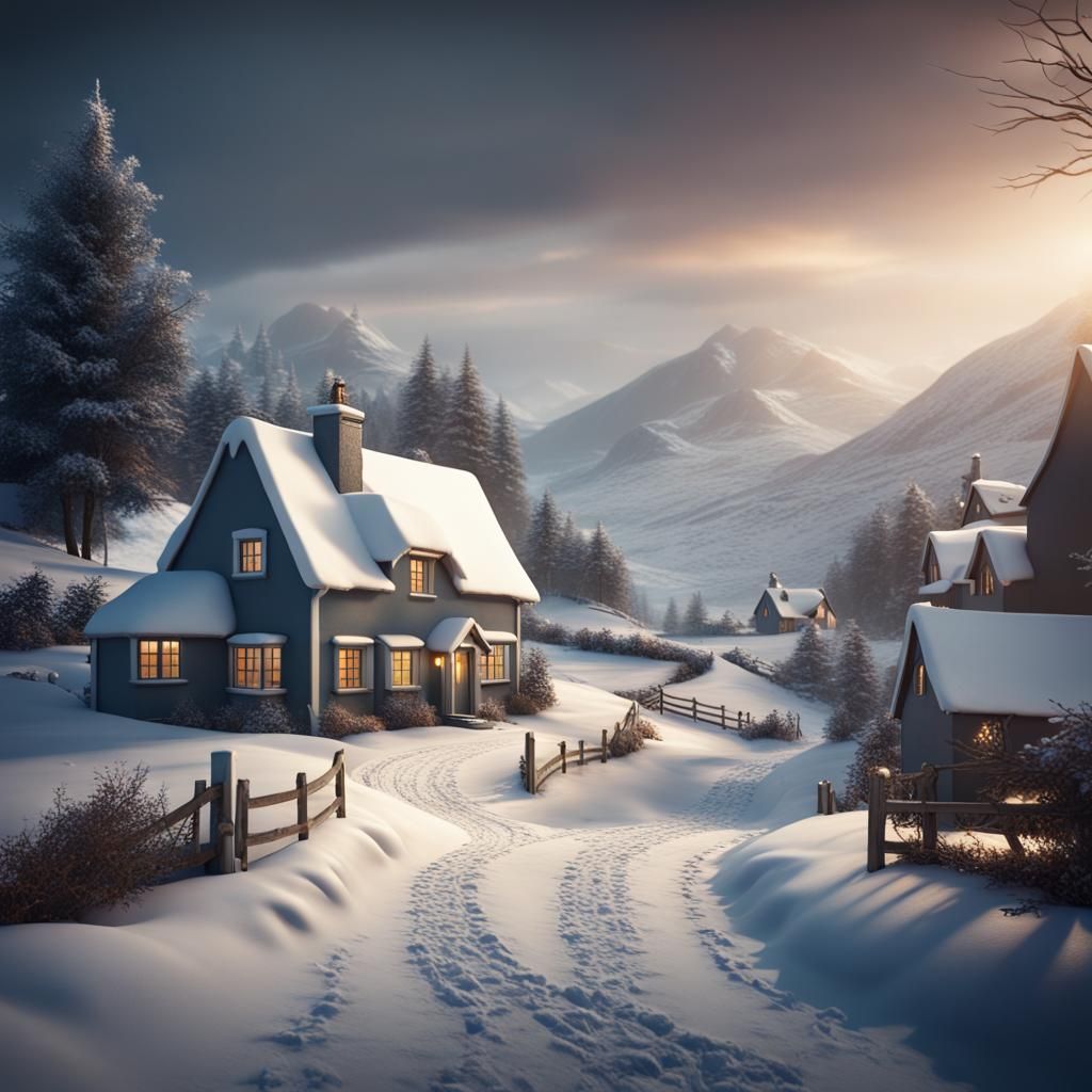 Winter in Scottish Croft Village: Fantasy Concept Art