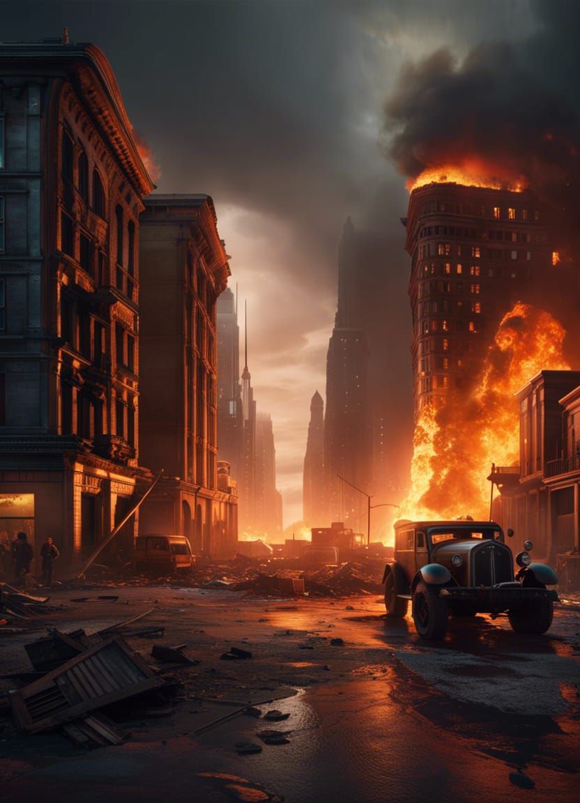 Apocalyptic Flatiron Building in Burning Cityscape