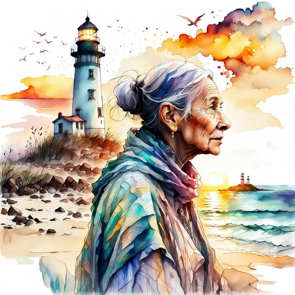 Watercolor Beach Scene with Woman, Dog and Lighthouse