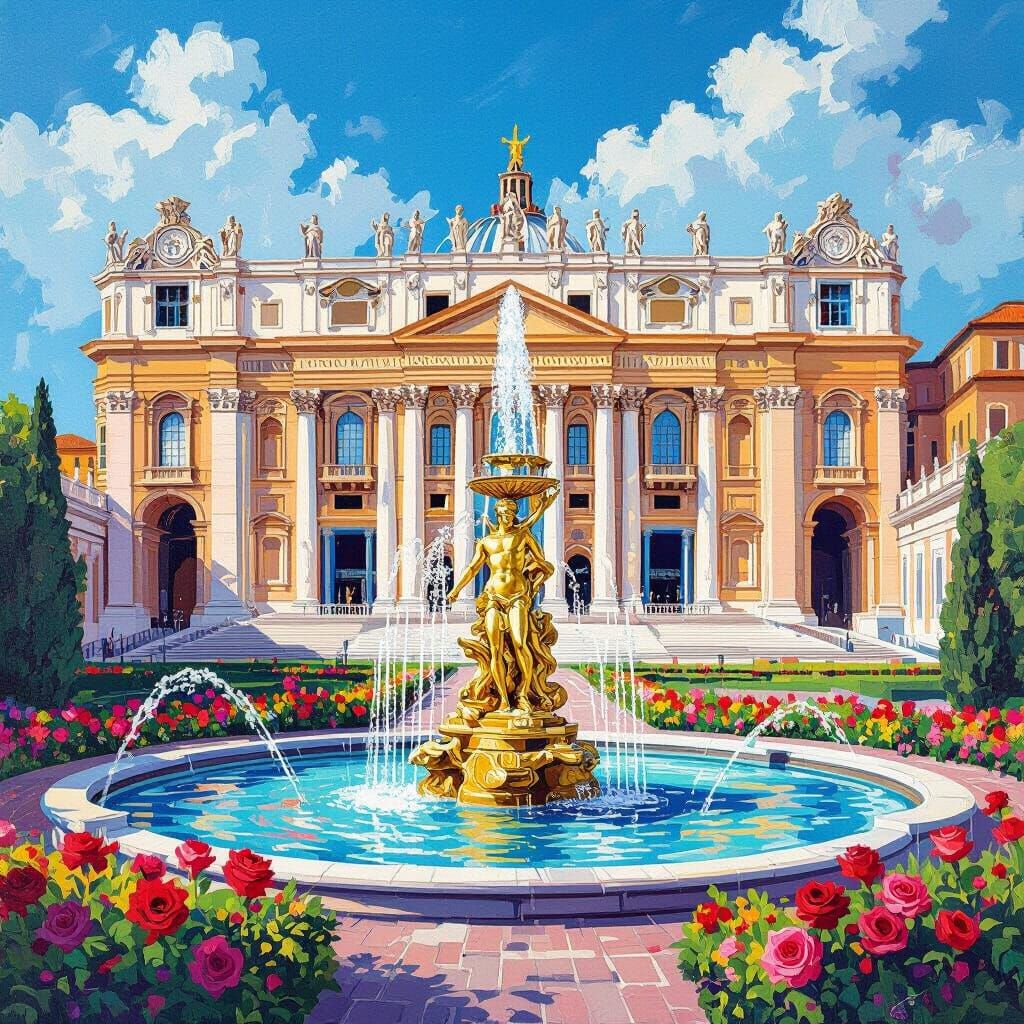 Vatican Building and Roman Fountain in Rose Garden