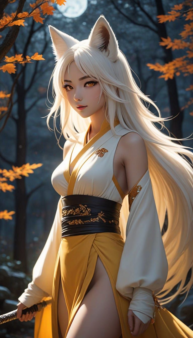 Beautiful Anime-Inspired Nine-Tailed Fox of Japanese Mytholo...