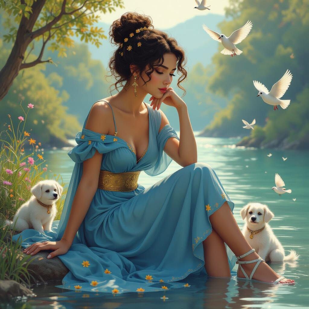 Greek Goddess by River in Detailed Matte Painting Style