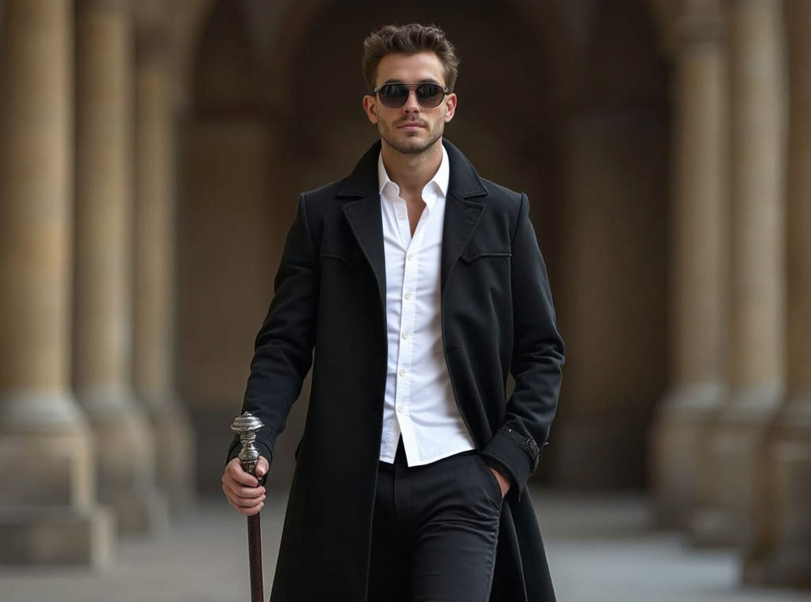 Attractive Man with Walking Stick in Castle Hall