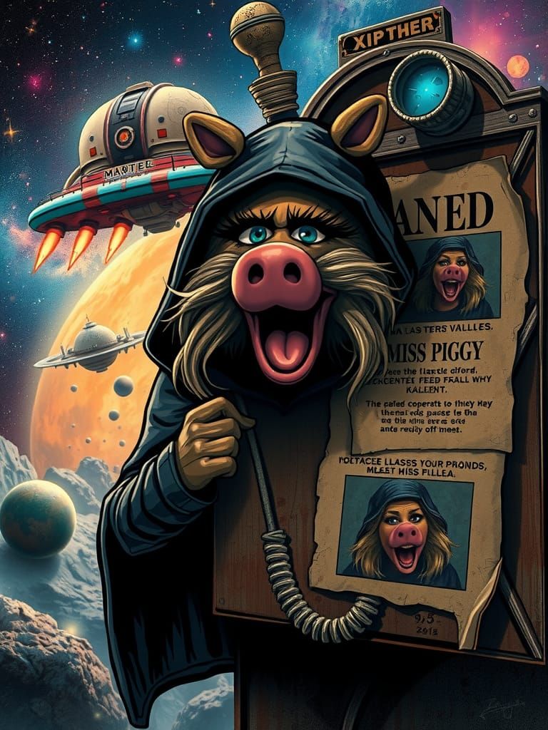Space Miss Piggy Wanted Poster in Noir Style