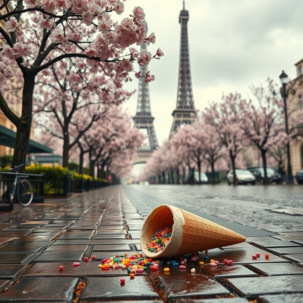 Parisian Cherry Blossom Street Scene in Photorealistic Style