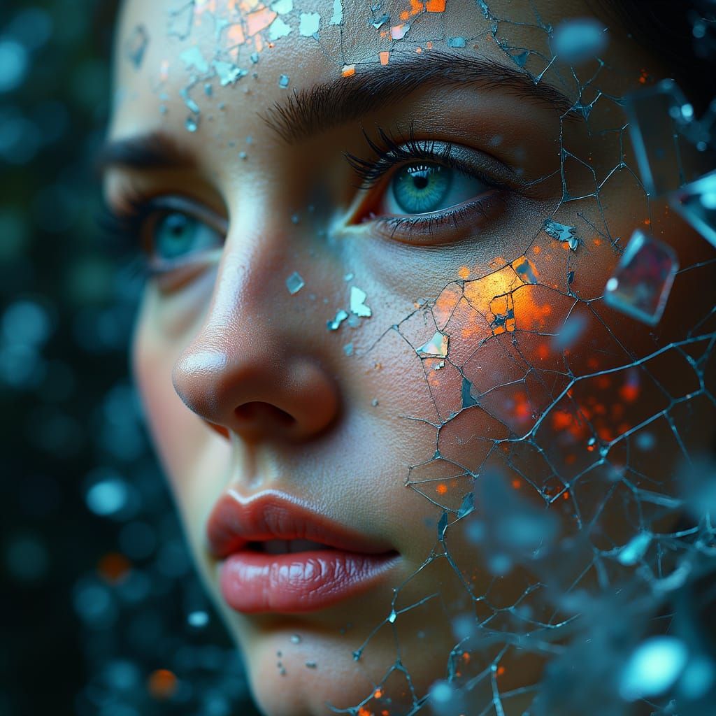 Surreal Close-Up of Shattered Identity in Vibrant Colors