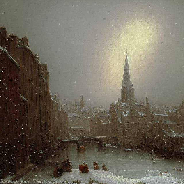Medieval Paris in Snowstorm, Detailed Oil Painting