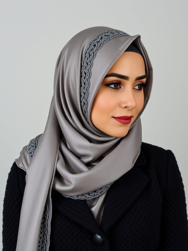 Woman in Grey Crochet Hijab and Silk Scarf