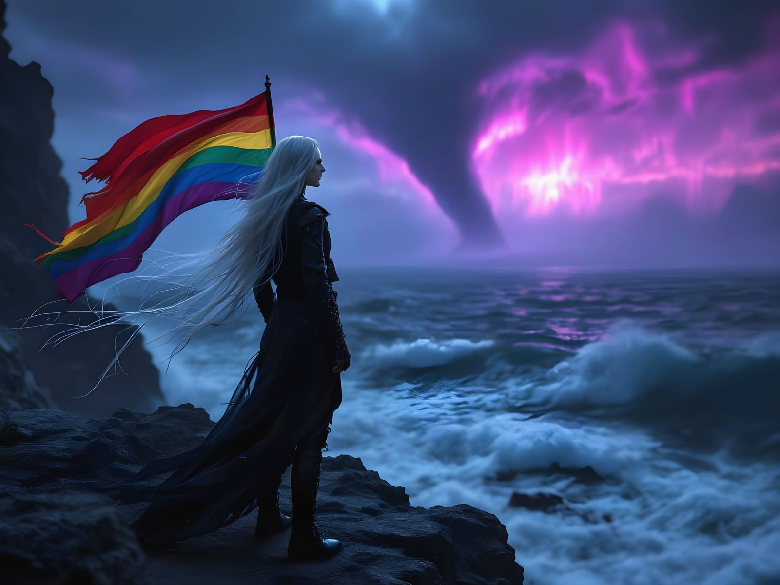 Goth Man on Cliff with Rainbow Flag Under Aurora