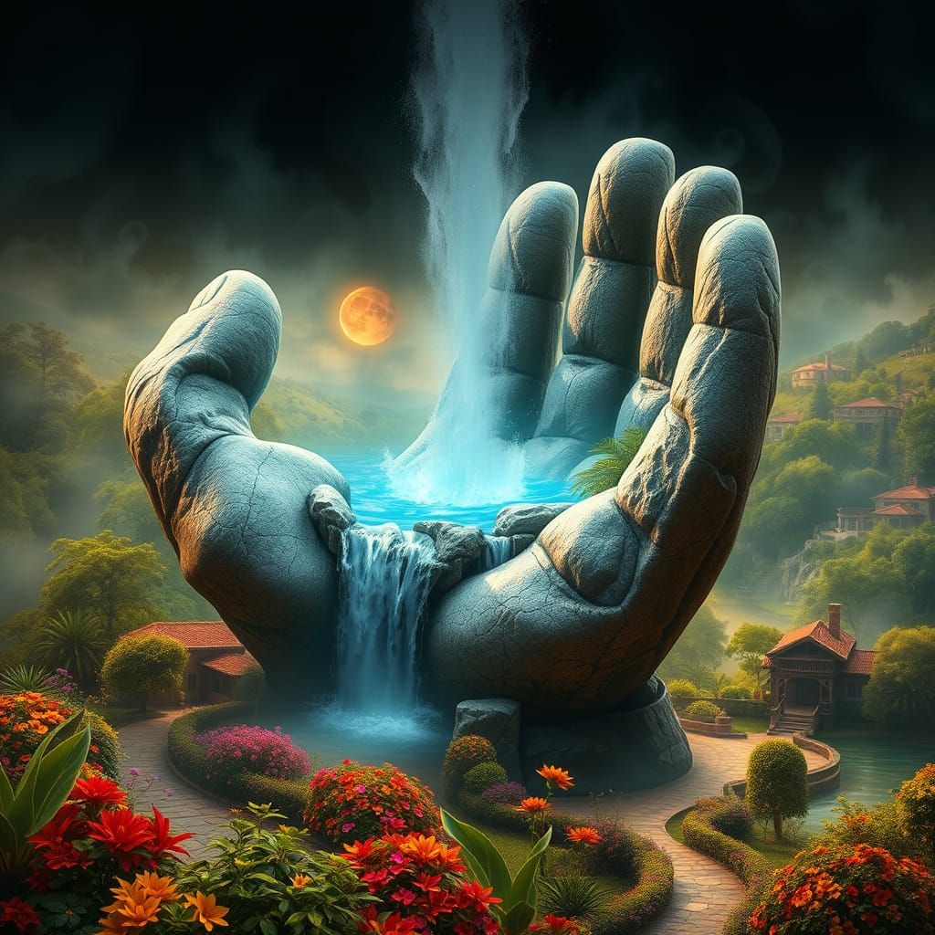 Surreal Landscape of a Hand Sculpture with a Breathtaking Wa...