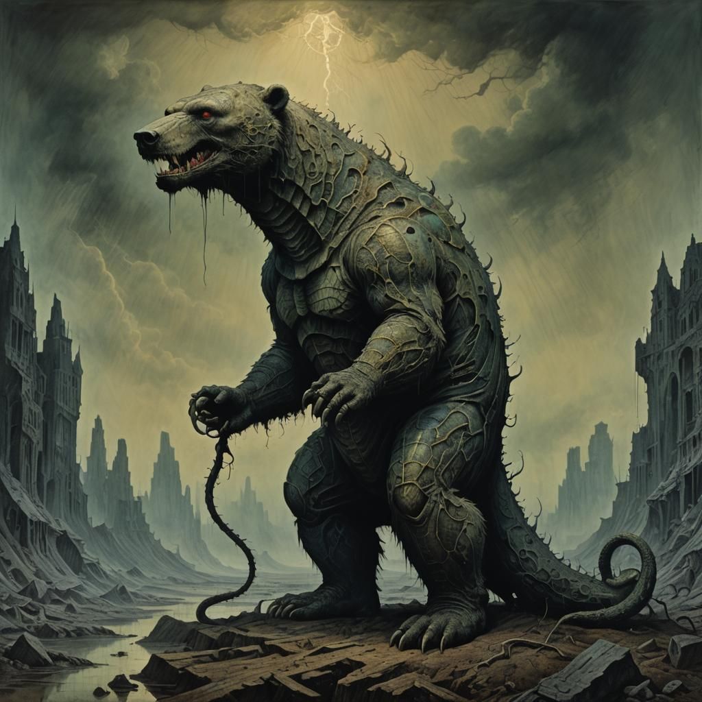 Sinister Snake-Bear Creature in Dark Dystopia