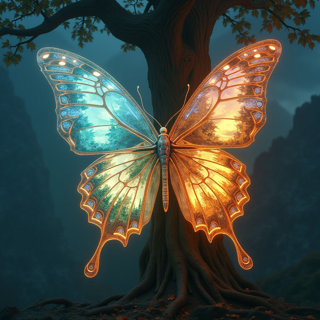 Neon Butterfly on Enchanted Tree in Ukiyo-e Style