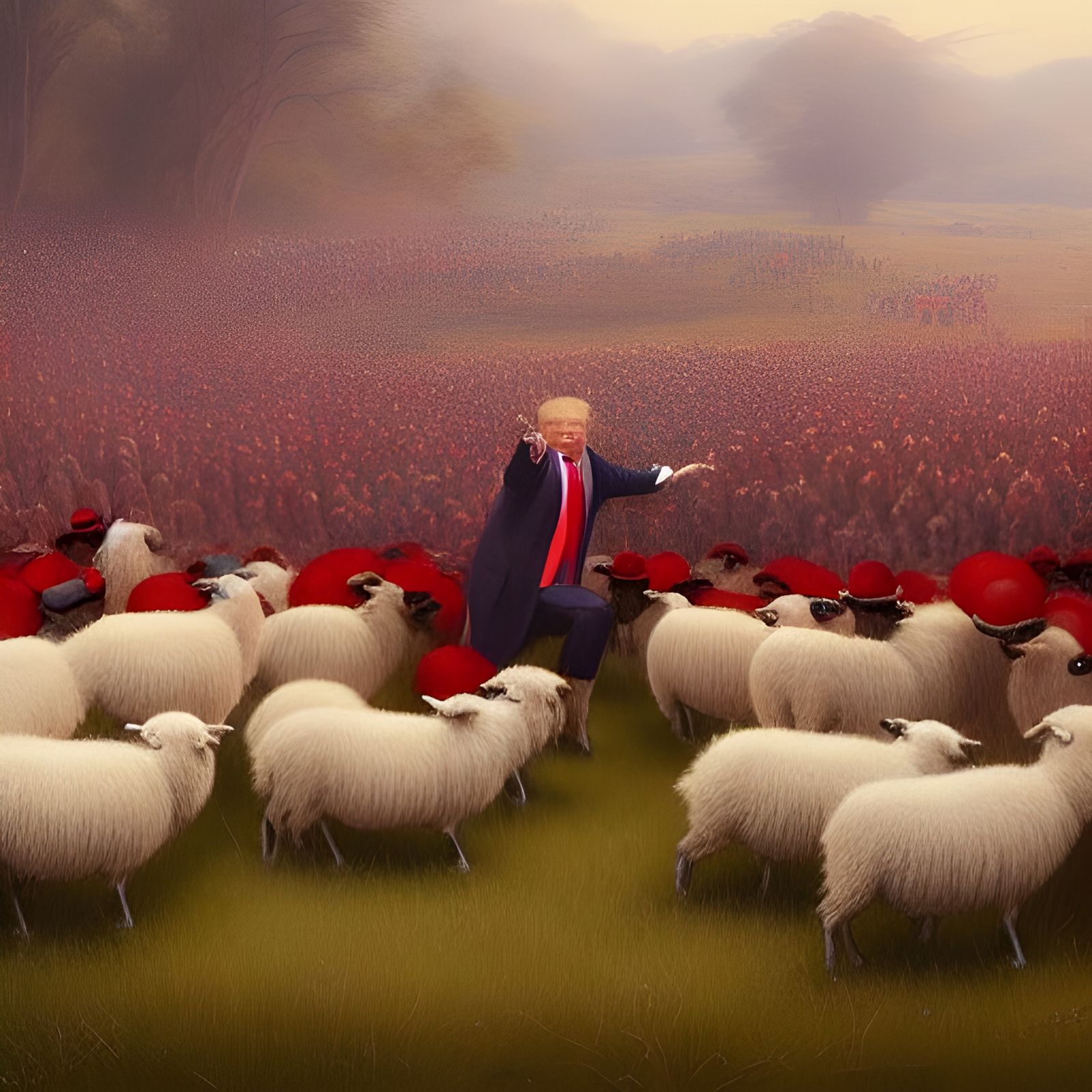 Trump Herding Sheep in MAGA Hats: Oil Painting