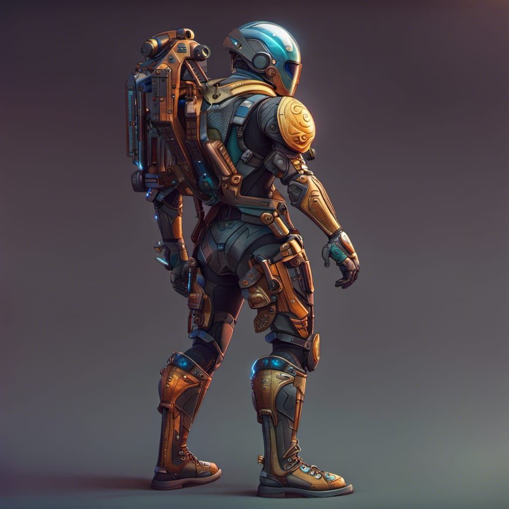 Futuristic Armored Character with Jetpack, Digital Art