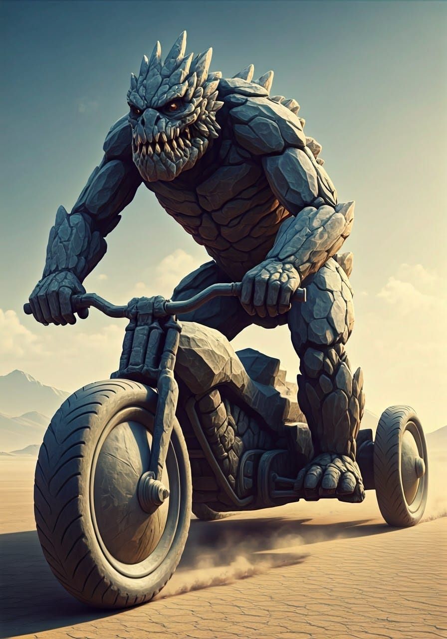 Hyperrealistic Rock Biter on Granite Tricycle