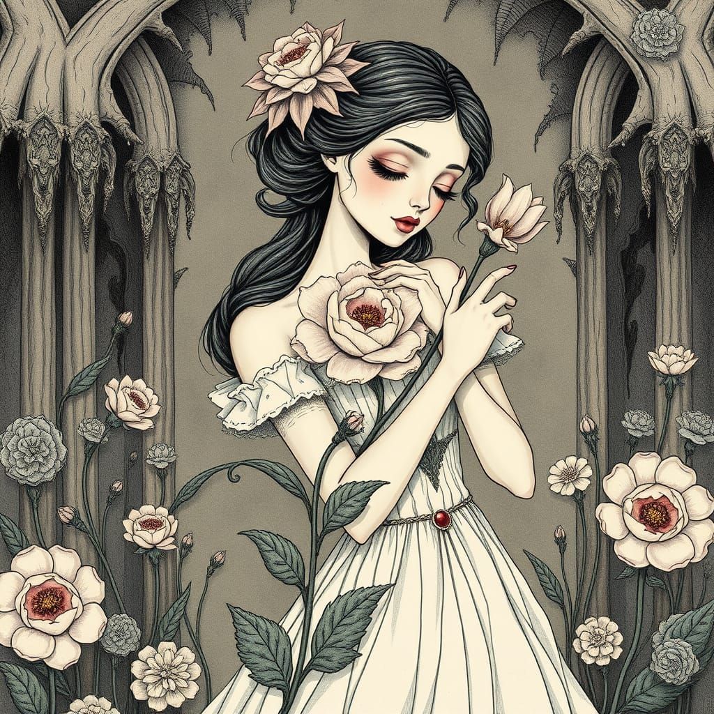 Woman Embracing Flower in Gothic Victorian Decay