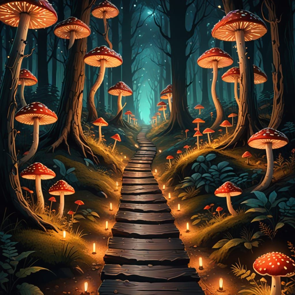 Whimsical Nighttime Forest Path Illuminated by Glowing Mushr...