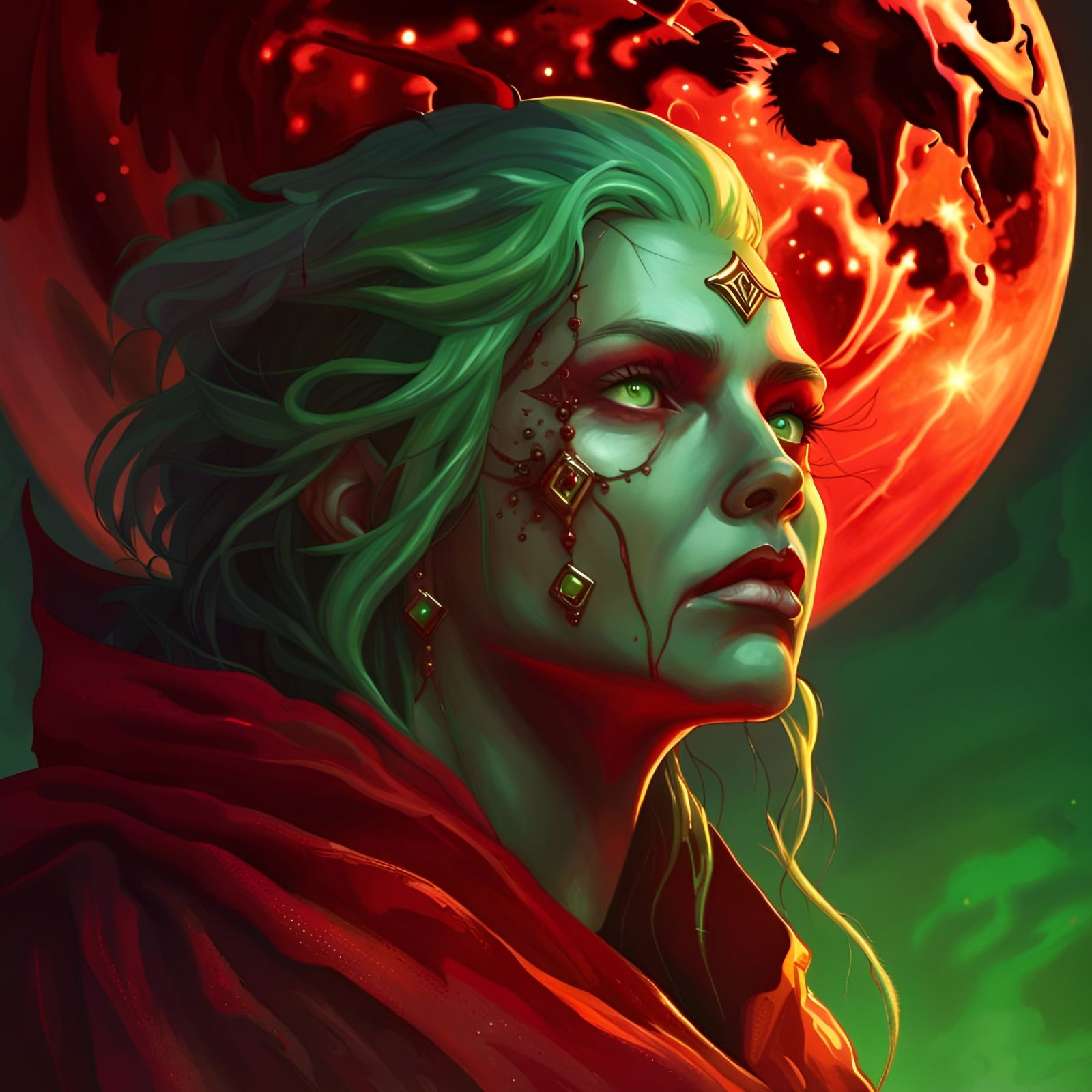 Green Witch Under Red Moon, Hyperrealistic Art