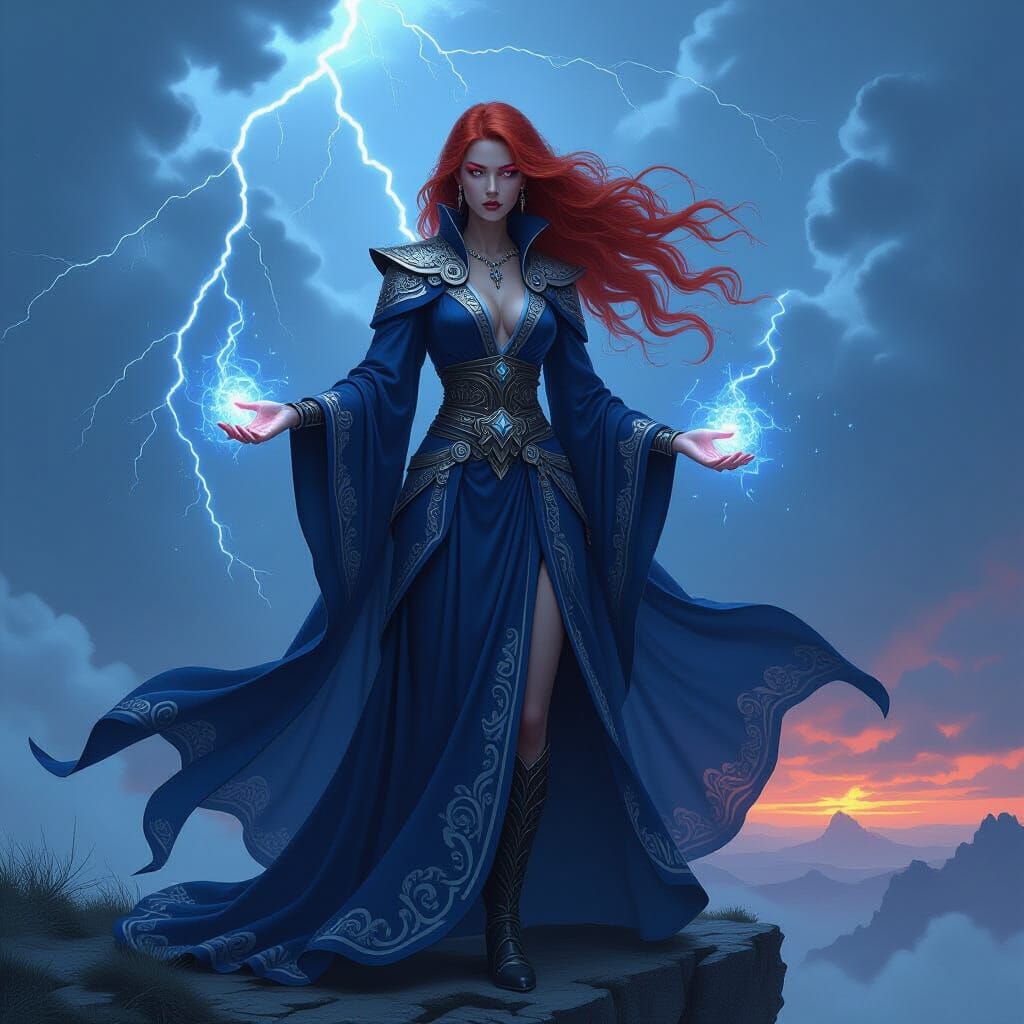 Sorceress Overlooking Storm with Magical Energy