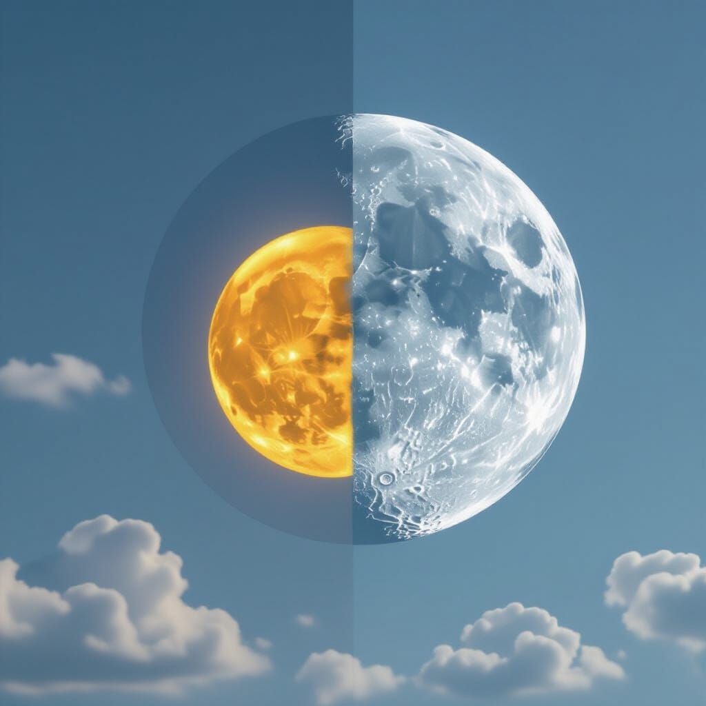 Dual Celestial Bodies: Yellow Moon & Gray Sun in Sky