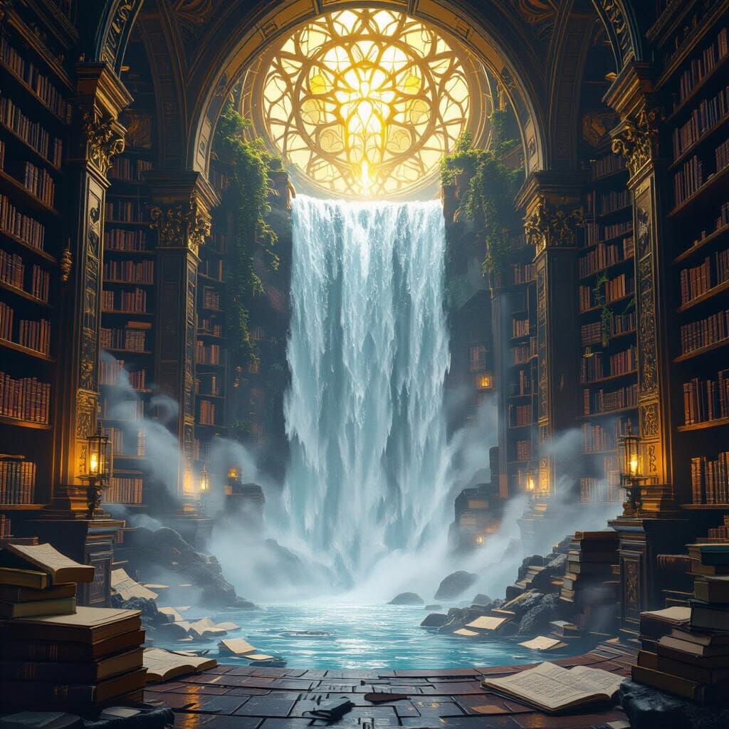 Mystical Library Waterfall in Dark Fantasy Style