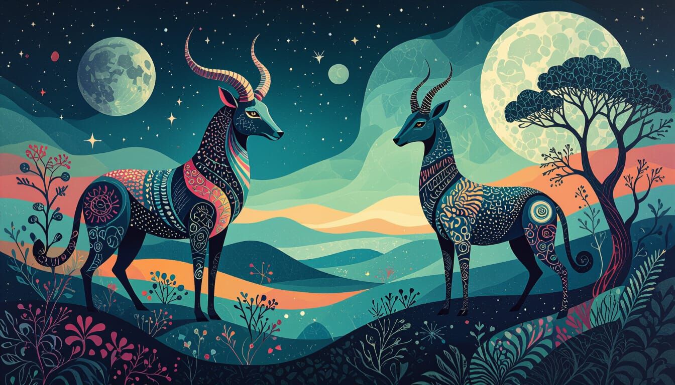 Surreal Animals in Deep Teal Abstract Landscape