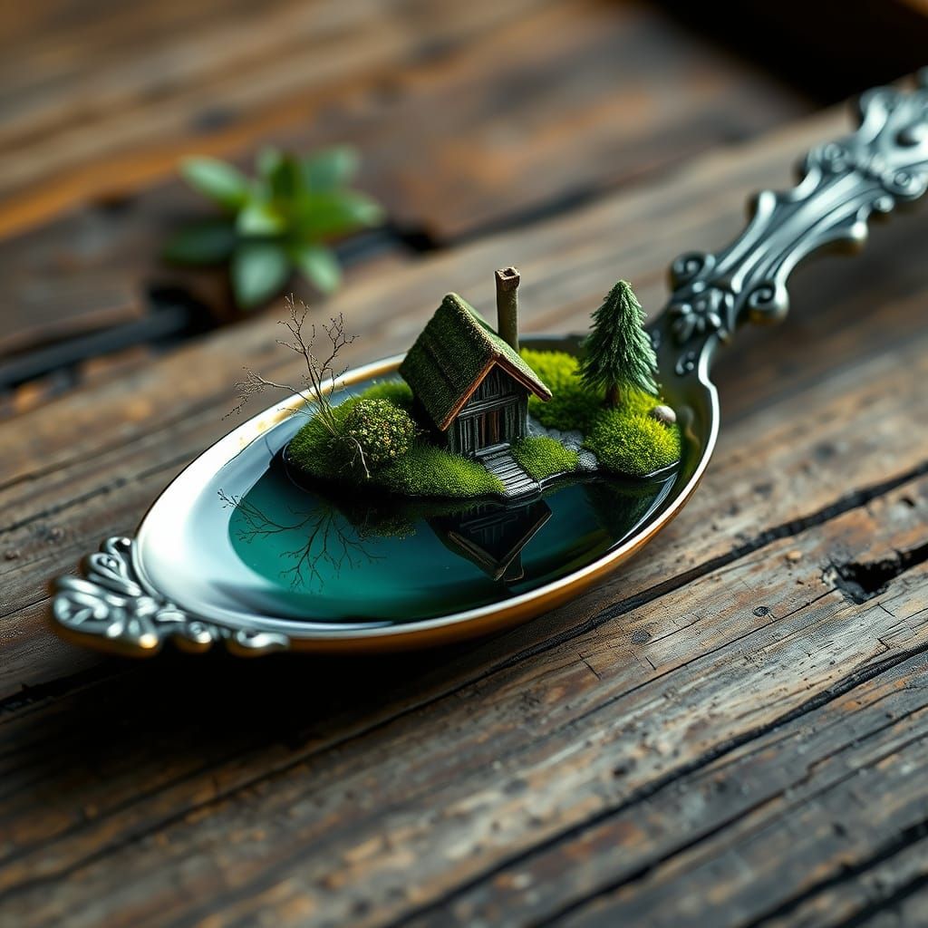 Ornate Spoon Holds Miniature Lake and House