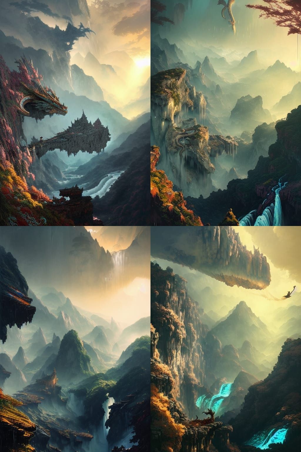 Cliffs, Bridges and Dragon: Hyperdetailed Digital Illustrati...