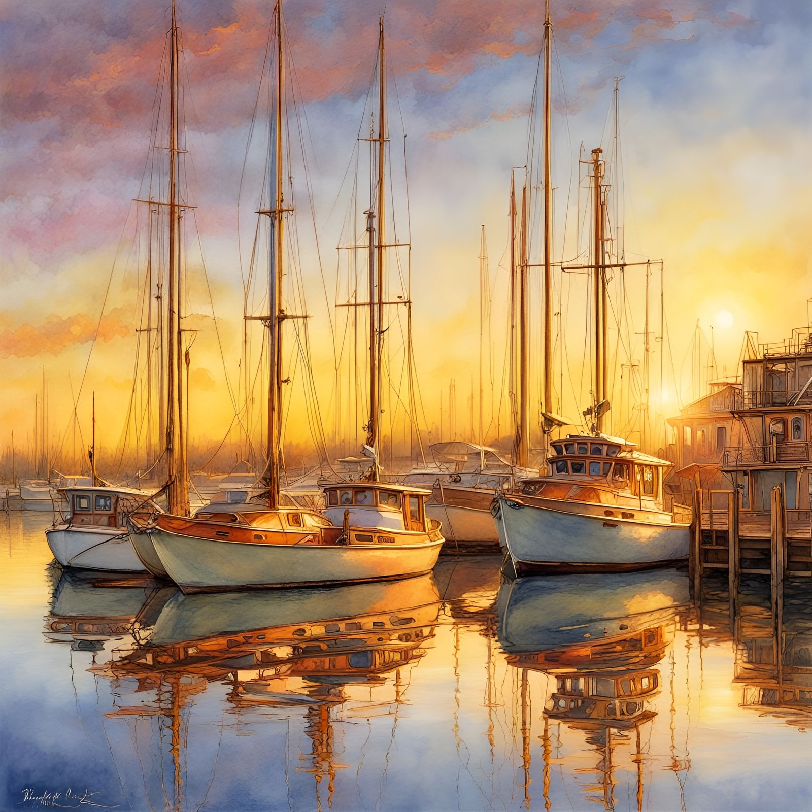 Newport Bay Harbor in Radiant Watercolor Style