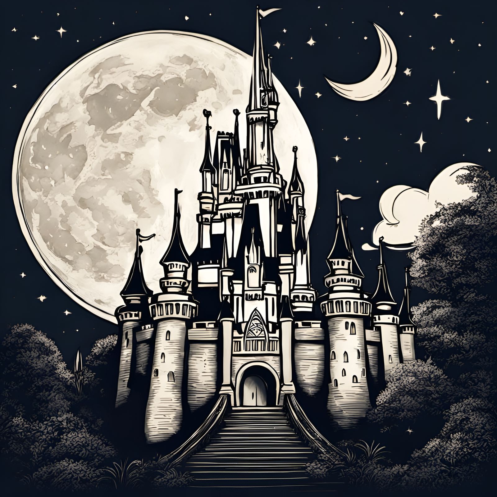 Disney Castle and Crescent Moon in Sketchy Style