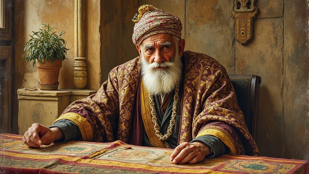 Elderly Middle Eastern Man in Ornate Robes, Realistic Style
