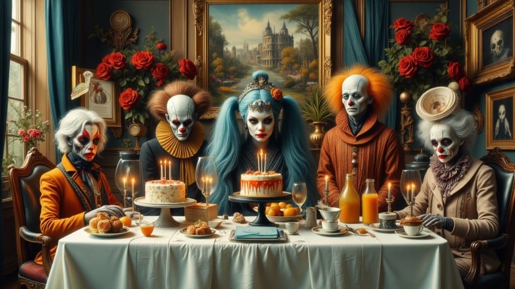 Macabre Birthday Scene with Steampunk Warrior and Gargoyle