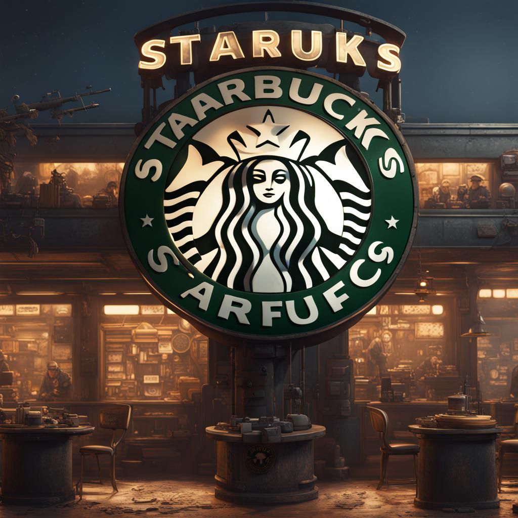 Starbucks Logo with Machine Gun, Detailed Matte Painting