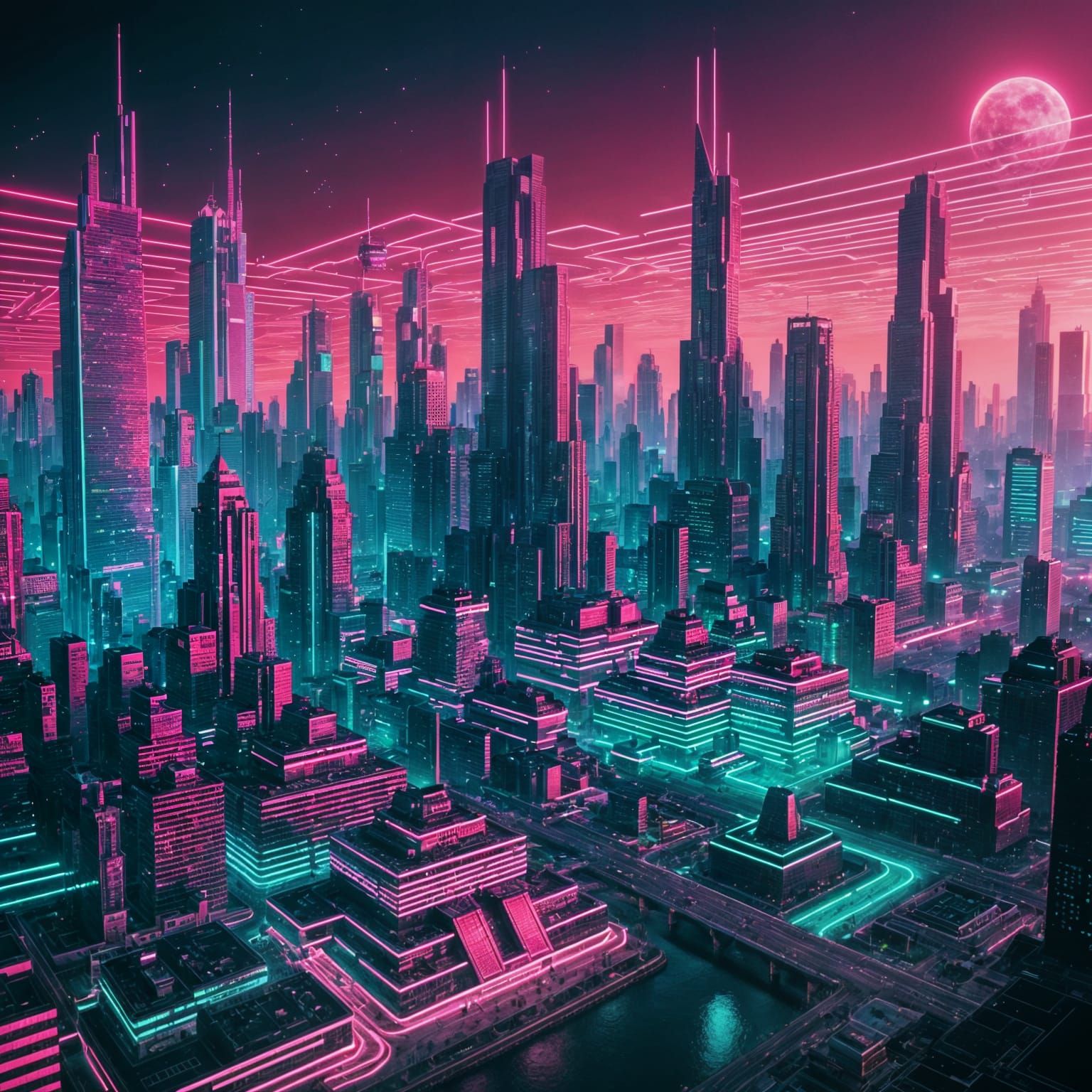 Futuristic City in Neon Vaporwave Style