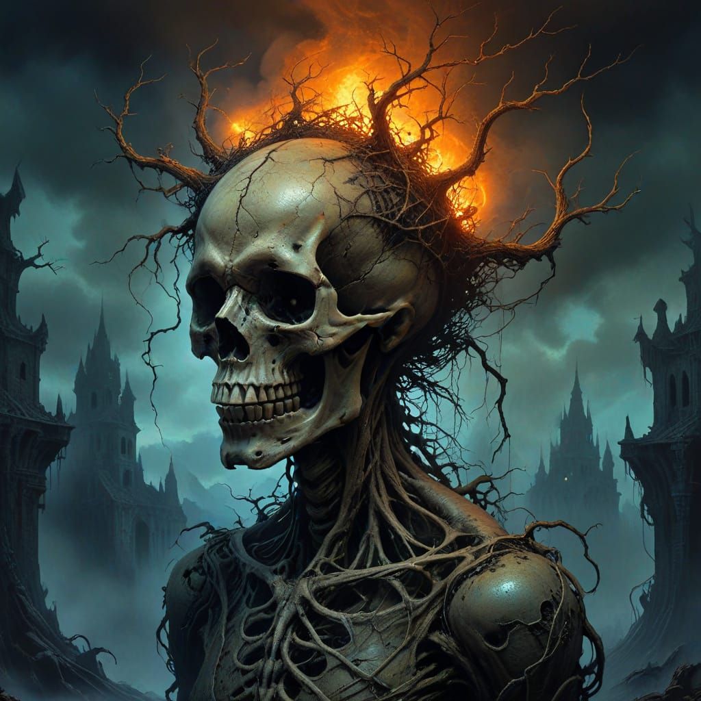 Twisted Skulls, Metal, and Roots in Dark Fantasy Art